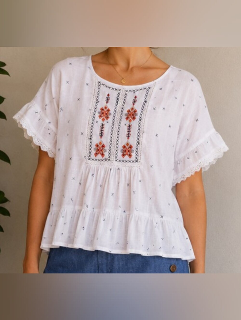 Hannah Plus Size 1X White Embroidered Boho Cottagecore Top
